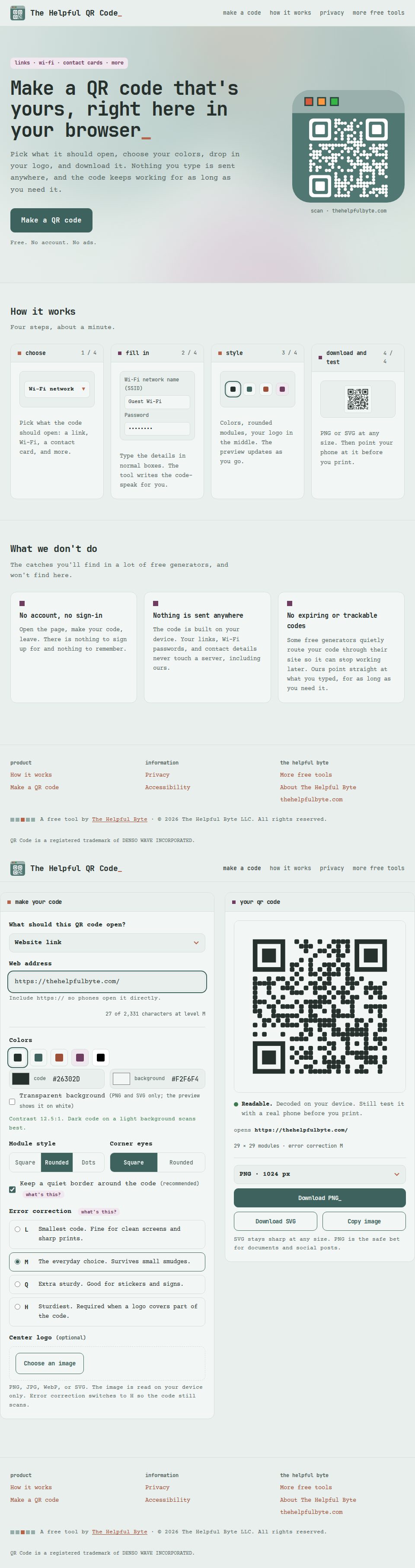 Scrolling preview of The Helpful QR Code site